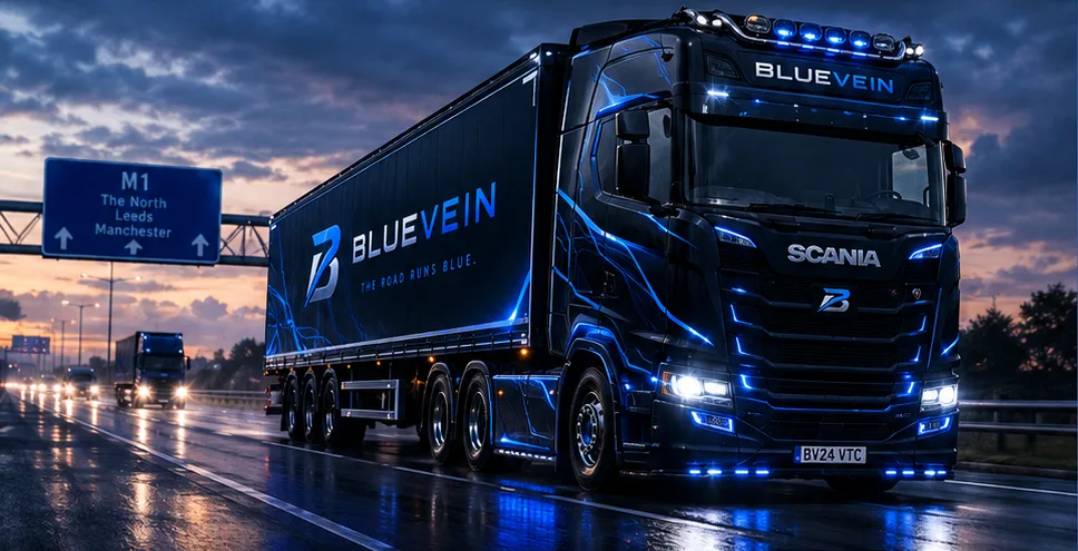 BlueVein Scania on the M1 at dusk
